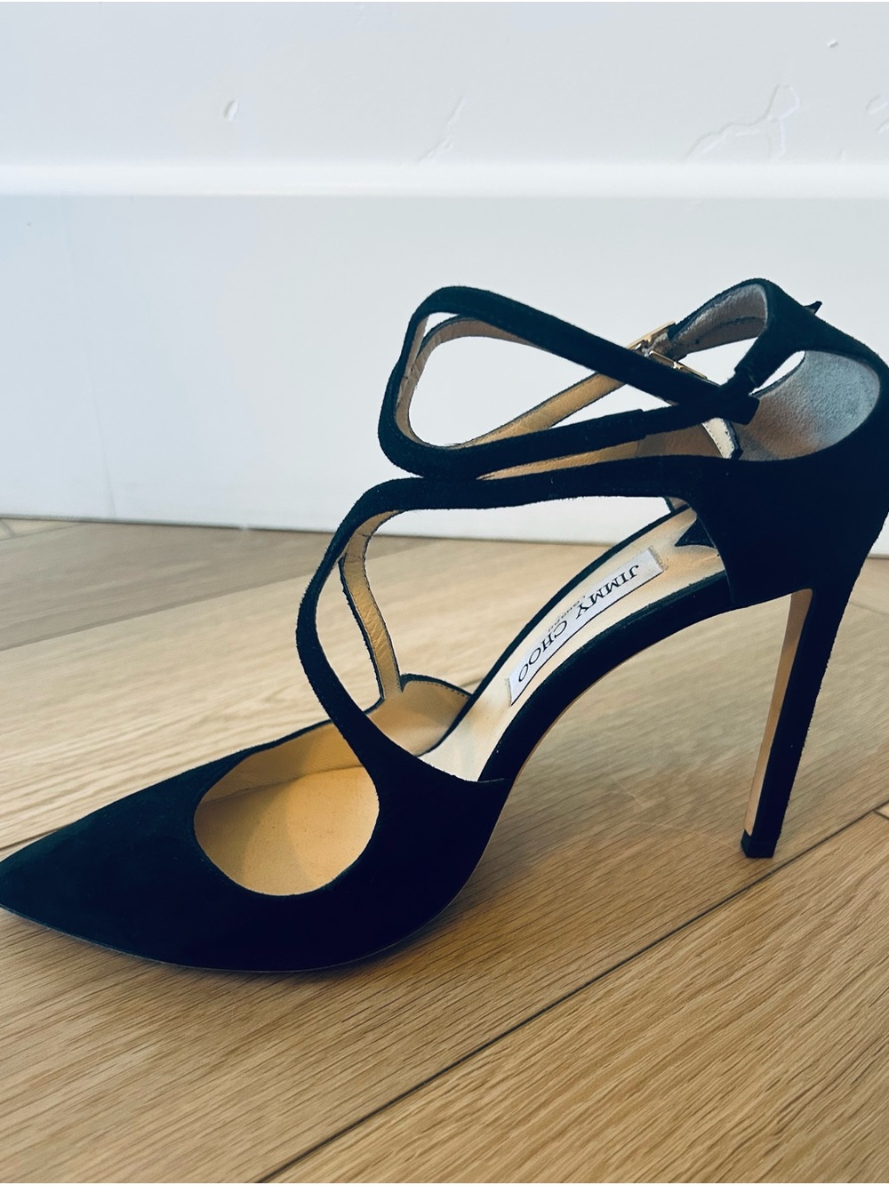 Jimmy Choo Black Suede Strappy Pointed-Toe Stiletto Heels
